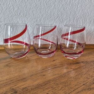 3 Pier 1 Red Swirl Line Swirline Stemless Wine Glasses 4.75" Tall EXC